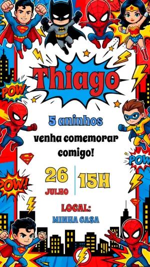 Convite de Aniversário Super-Heróis Colorido para Editar