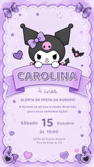 Convite de Aniversário Kuromi Roxo e Preto Editável