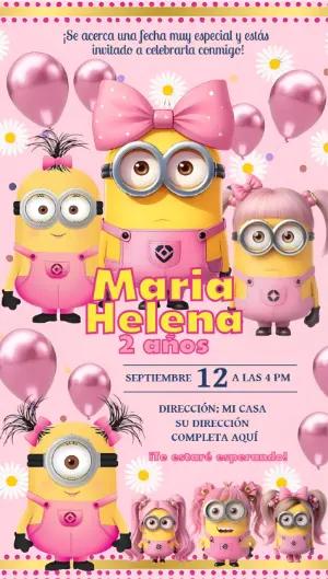 Invitación de Cumpleaños Minions Rosa para Niña - Modelo Editable