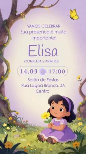 Convite Aniversário Infantil Menina no Bosque Lilás Editável