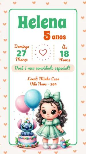 Convite de Aniversário Stitch e Menina Fofo para Editar