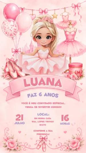 Convite de Aniversário Bailarina Rosa Aquarela para Editar