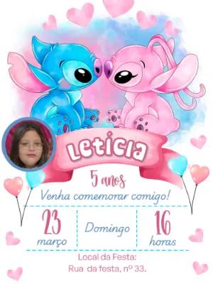 Convite Aniversário Stitch e Angel com Foto para Editar Online