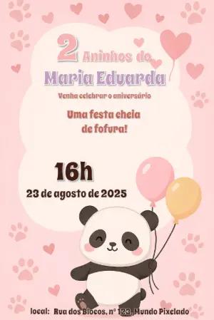 Convite de Aniversário Panda Rosa Fofo para Editar Online