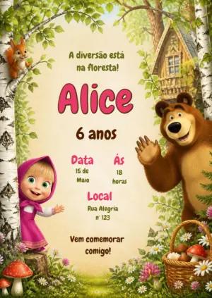 Convite de Aniversário Masha e o Urso Editável na Floresta
