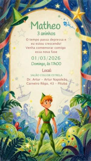 Convite de Aniversário Peter Pan Ilustrado para Editar