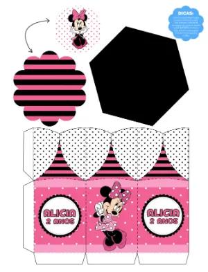 Centro de Mesa Minnie Rosa e Preta Editável para Aniversário