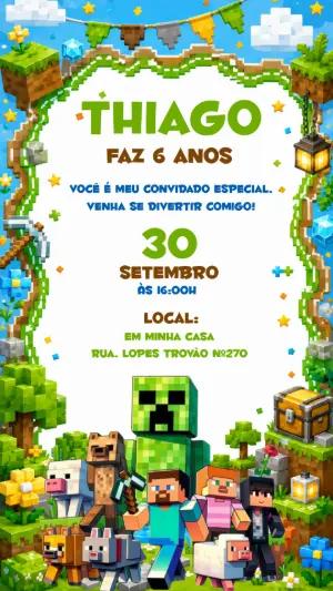 Convite de Aniversário Minecraft Pixelado para Editar