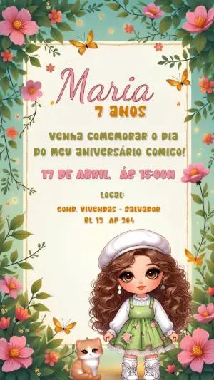 Convite Aniversário Menina Floral com Boneca para Editar