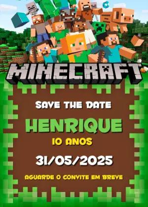 Save the Date Aniversário Minecraft com Personagens para Editar