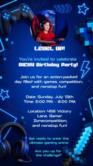 Editable Gamer Birthday Invitation - Blue Neon Level Up Template