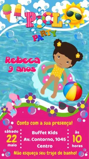 Convite Animado Pool Party Menina para Editar Online