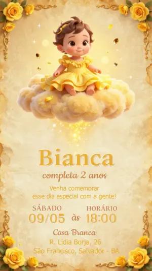 Convite Aniversário Princesa Bebê Amarelo e Dourado Editável