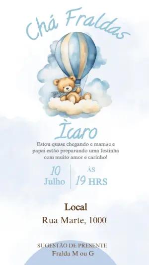 Convite Chá de Fraldas Ursinho no Balão Azul Editável