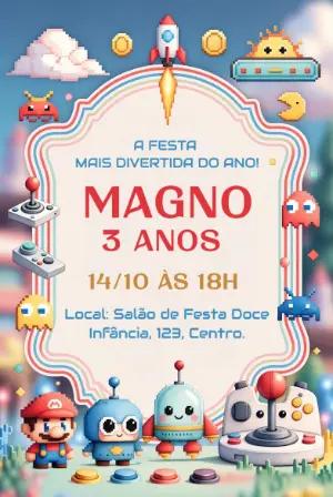 Convite de Aniversário Game Retrô Pixel Art para Editar