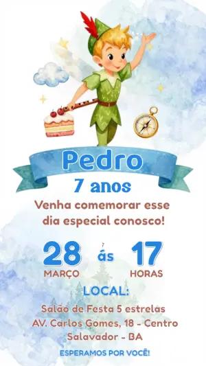 Convite de Aniversário Peter Pan Aquarela Modelo Editável