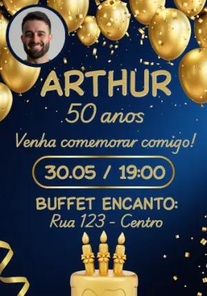 Convite de Aniversário Adulto Azul e Dourado com Foto Editável