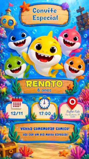 Convite de Aniversário Baby Shark Colorido para Editar