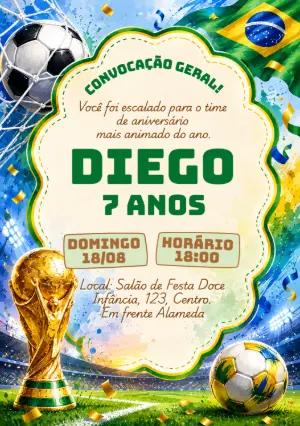 Convite de Aniversário Futebol Brasil Copa do Mundo Editável