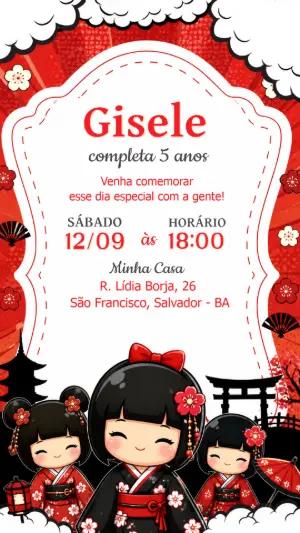 Convite de Aniversário Gueixa Japão Editável para Menina