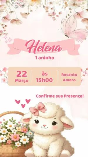 Convite de Aniversário 1 Aninho Ovelhinha Floral | Modelo Editável