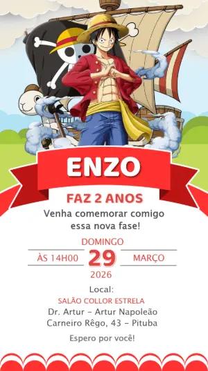 Convite de Aniversário One Piece com Luffy para Editar Online