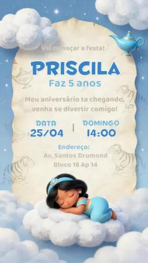 Convite Aniversário Princesa Jasmine Fofa Editável