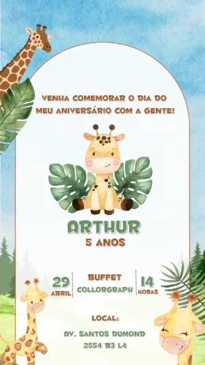 Convite de Aniversário Girafa Aquarela para Editar Online