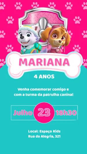 Convite Patrulha Canina Menina Rosa e Azul para Editar Online