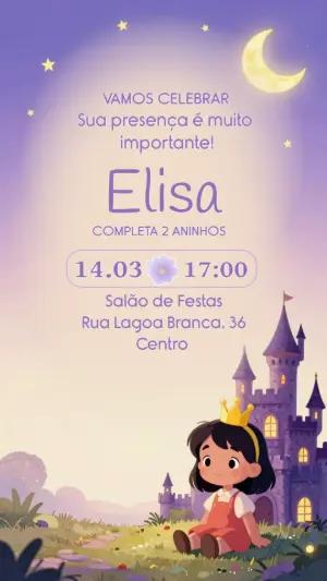 Convite de Aniversário Princesa e Castelo Lilás Editável