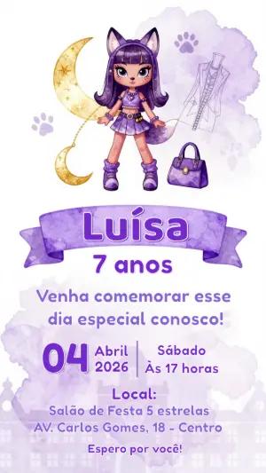 Convite Aniversário Menina Loba Fashion Roxo Modelo Editável