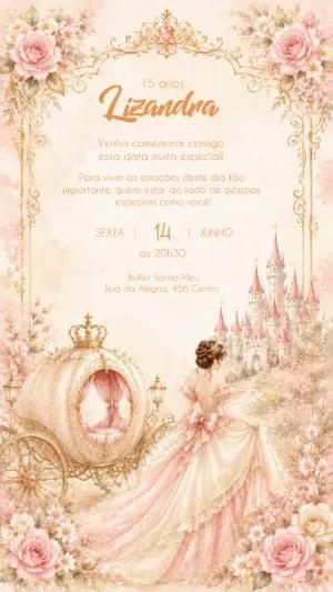 Convite de 15 Anos Princesa Rosa e Dourado Modelo Editável