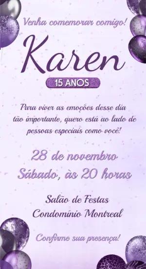Convite Aniversário 15 anos Lilás com Glitter para Editar Online