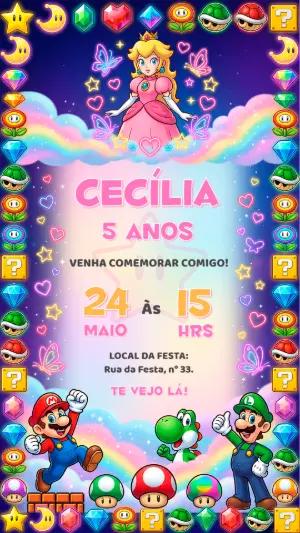 Convite de Aniversário Super Mario e Peach Editável e Colorido