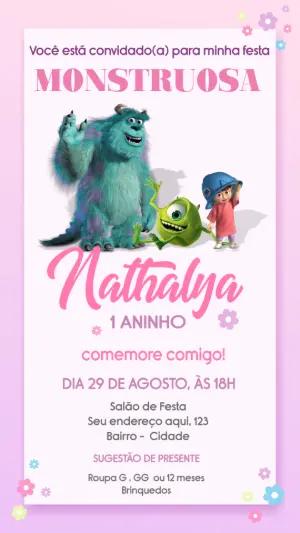 Convite Aniversário Monstros SA Rosa para Editar Online