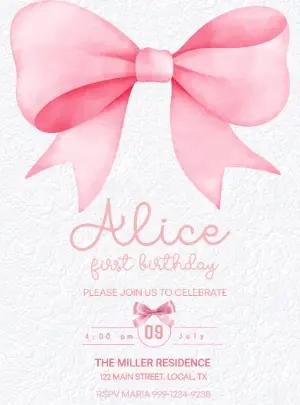 Editable First Birthday Invitation with Pink Watercolor Bow