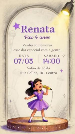 Convite de Aniversário Cantora Pop Star Roxo para Editar