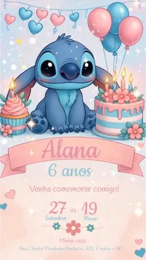 Convite Animado de Aniversário Stitch Rosa e Azul para Editar