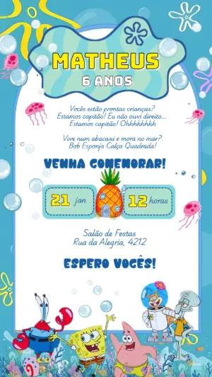 Convite Aniversário Bob Esponja com Personagens para Editar