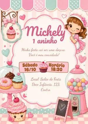 Convite de Aniversário Doceria Fofa Menina Modelo Editável