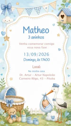 Convite Aniversário Cegonha Aquarela para Menino Editável