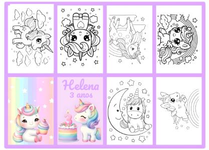 Kit de Colorir Unicórnio para Festa Infantil Modelo Editável