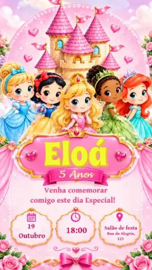 Convite de Aniversário Princesas Editável para Festa Infantil