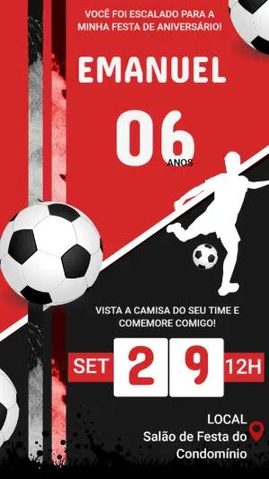 Convite de Aniversário Futebol Vermelho e Preto para Editar