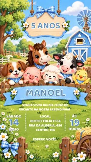 Convite Editável Aniversário Fazendinha Azul para Menino