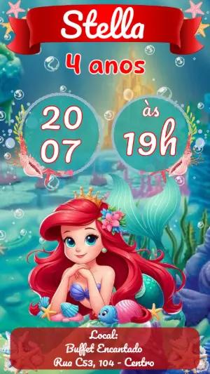 Convite de Aniversário Sereia Ariel Fundo do Mar Editável