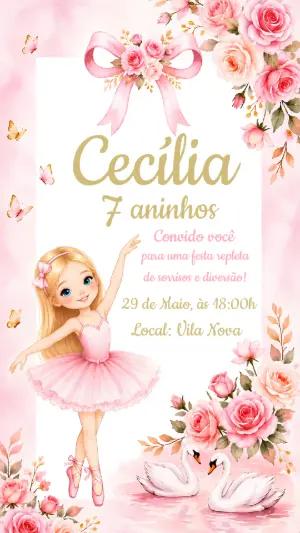 Convite de Aniversário Bailarina Rosa Modelo Editável