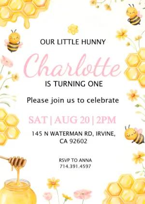Cute Hunny Bee 1st Birthday Invitation | Editable Digital Template