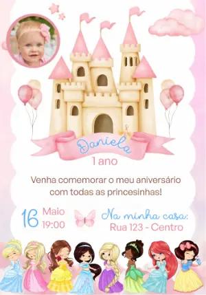 Convite Aniversário Princesas Disney com Foto Modelo Editável