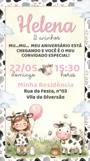 Convite de Aniversário Vaquinha Menina Aquarela Editável